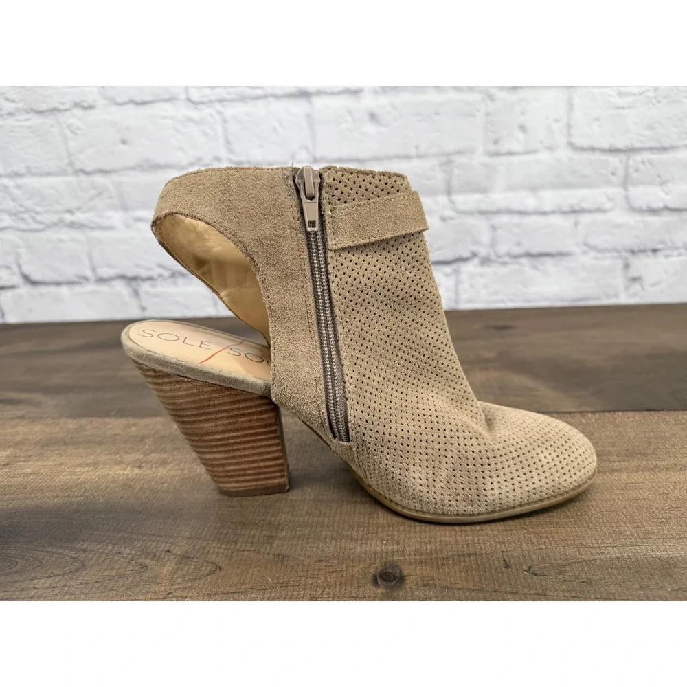 Sole‎ Society Perforated Suede Ankle Booties Block Heel Side Zip Tan Women's 9B